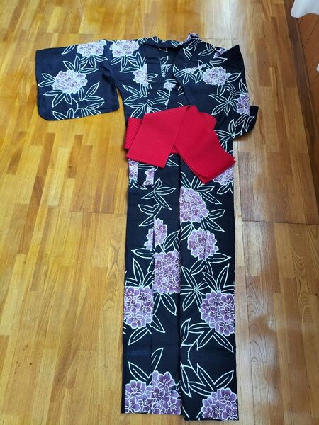 浴衣 帯セット 紫陽花柄濃紺×紫 レディース