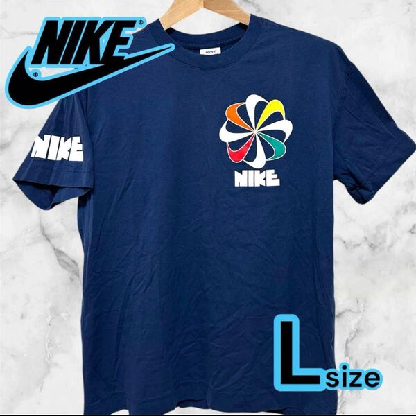 極美品 超希少 NIKE ナイキ 復刻 風車ロゴ 半袖 Tシャツ L ネイビー コットン 70's復興ロゴ プリントTシャツ