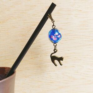 簪(かんざし)蜻蛉玉×猫 ハンドメイド トンボ玉 とんぼ玉 ネコ ねこ