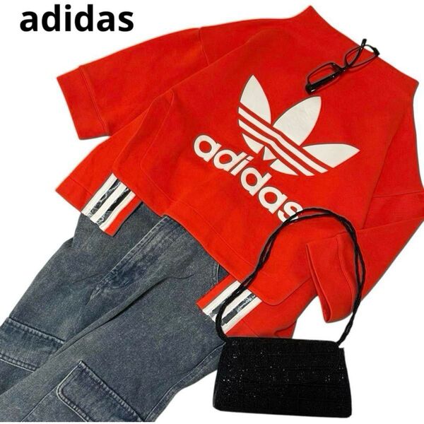 【美品】アディダス ロゴスウェットTシャツ 五分袖半袖ショート丈 レディース 赤(レッド) Mサイズ adidas ハイネック