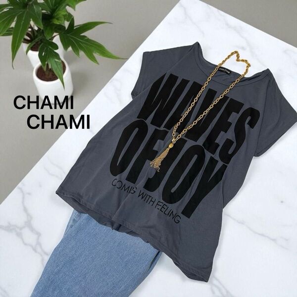 【美品】チャミチャミ 半袖Tシャツ ロゴ入り レディース トップス グレー×黒 カットソー M CHAMICHAMI