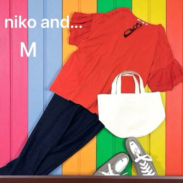 ニコアンド オーバーサイズ 半袖フリル袖Tシャツ レディース体型カバー トップス M オレンジ niko and... カットソー