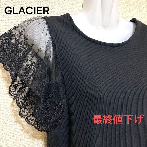 【美品】グラシア レース半袖トップス カットソーTシャツ レディース ブラック(黒) レース袖 GLACIER 上品