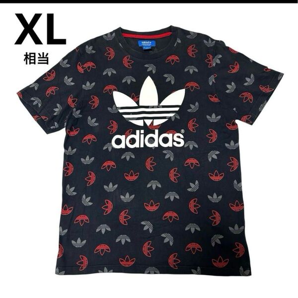 【希少】アディダス 総柄ロゴプリント半袖Tシャツ メンズレディース 男女兼用 XL トップス 大きめサイズ ブラック系(黒系)