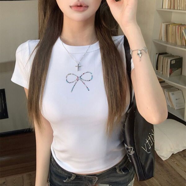 【ラスト1点】韓国 Tシャツ かわいい リボン ラインストーン シズニルック y2k