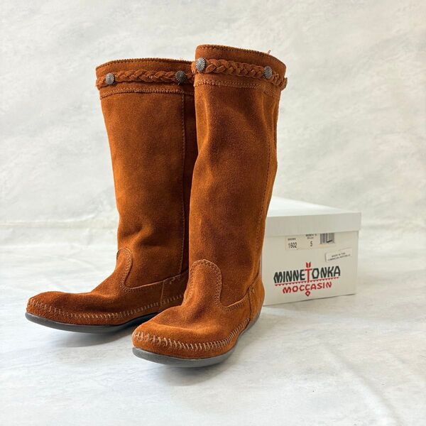 新品 MINNETONKA カーフハイスエードブーツ ブラウン US5