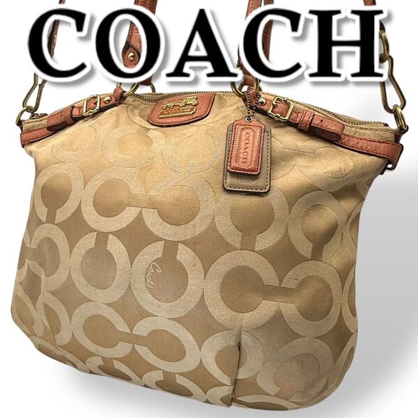 COACH コーチ ショルダーバッグ ナイロン 2way オプアート レザー クロスボディ トートバッグ チャーム付き ブラウン