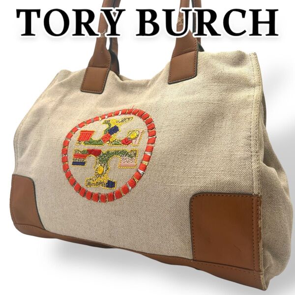 TORY BURCH トリーバーチ トートバッグ A4収納可能 限定品 キャンバス ビッグロゴ 刺繍 肩掛け