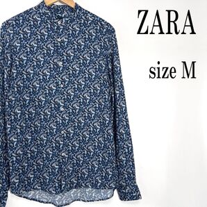 ZARA ザラ 長袖 バンドカラー ペイズリー柄 総柄シャツ ネイビー M
