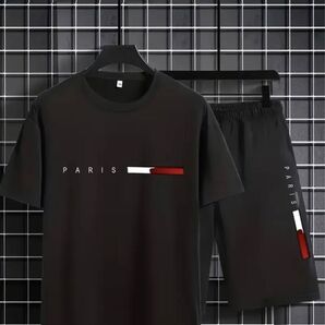【PARISロゴ セットアップ】半袖シャツ ショートパンツ Tシャツ L ブラック