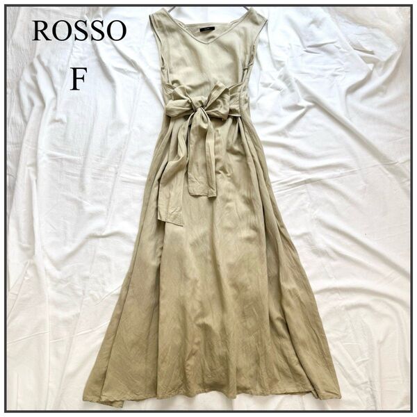 美品 ロッソ☆リボンマキシワンピース ベージュ ノースリーブ リネン混 ロング 麻 レーヨン
