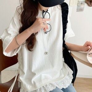 classicalelf レイヤード風サイドドロスト裾 レースビッグTシャツ