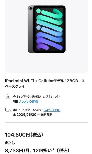 iPad mini A17Pro 128GB Wi-Fi+cellular SIMフリー タッチID不可