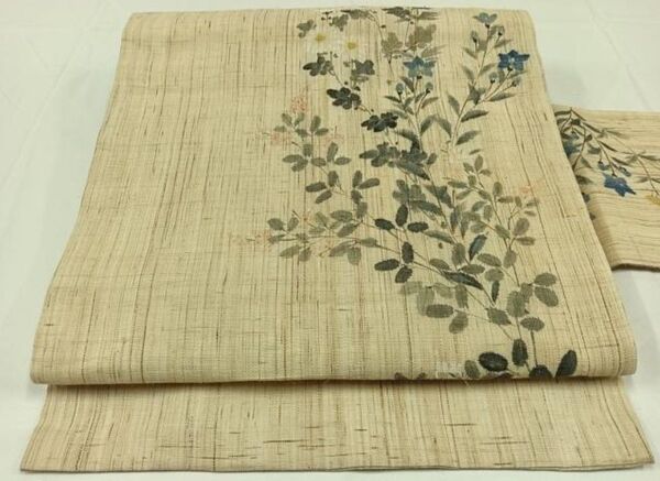 夏物 手描き 九寸名古屋帯 草花文 麻