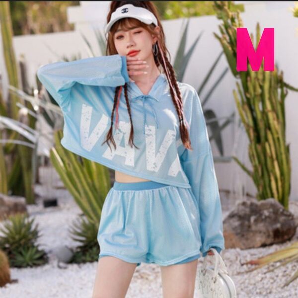 水着 セパレート 3点セット M 水色 メッシュ ラッシュガード 長袖 プール 海