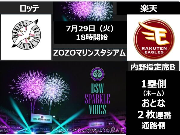 ZOZOマリンスタジアム 7月29日(火) ロッテマリーンズvs楽天イーグルス1塁側 内野指定席大人2枚連番ペアチケット 通路側
