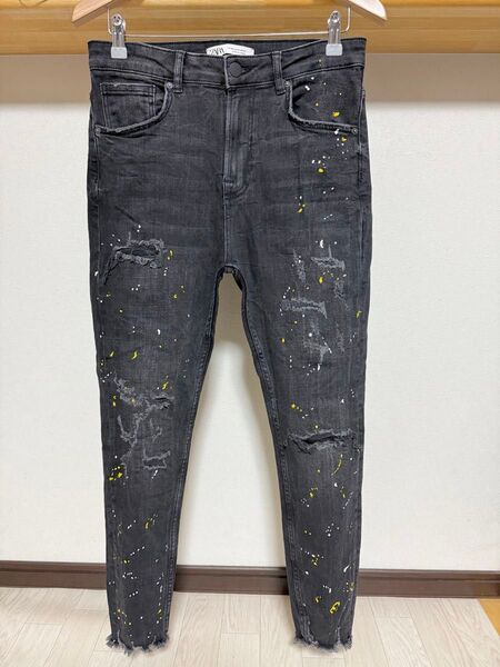使いやすい ペイント 美品 ZARA MAN ストレッチ スキニー 40 31 ダメージ デニム メンズ パンツ ジーンズ 黒