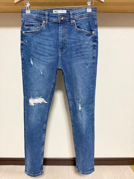 伸縮性強め ペイント ZARA MAN ストライプ ストレッチ デニム 40 31 スキニー ダメージ パンツ メンズ ジーンズ