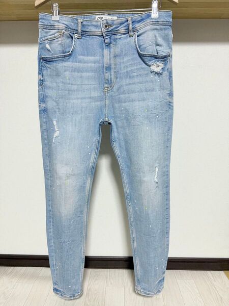 使いやすい 柔らかめ 春夏 ペイント ZARA MAN デニム スキニー 42 パンツ メンズ ジーンズ ブルー ダメージ 青