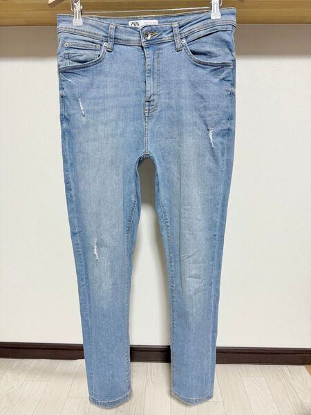 伸縮性抜群 春夏用 ZARA MAN ウルトラ ストレッチ デニム 42 32 スキニー ダメージ パンツ メンズ ジーンズ 青