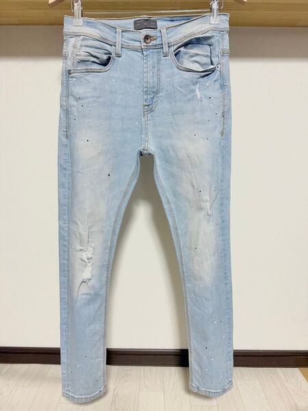 伸縮性強め ペイント ZARA MAN ストレッチ デニム 38 30 スキニー ダメージ ウルトラ パンツ メンズ ジーンズ