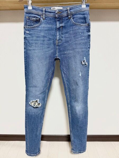 春夏用 伸縮性強め ZARA MAN ヒョウ柄 ストライプ ストレッチ スキニー 38 ダメージ デニム メンズ パンツ ジーンズ