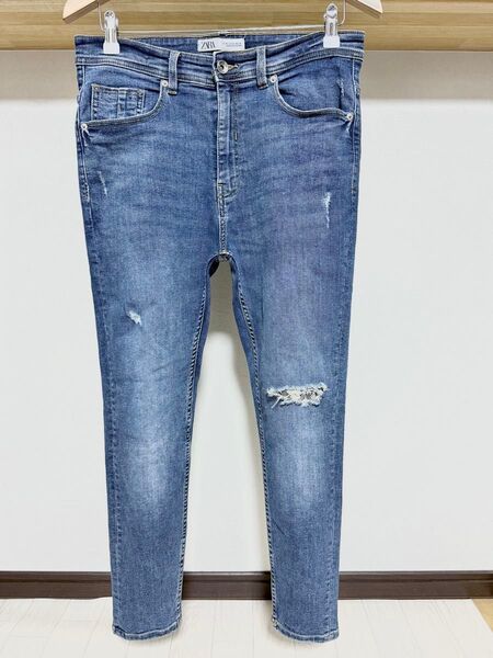 春夏向き 伸縮性強め ZARA MAN ヘビ柄 ストレッチ 42 スキニー ダメージ デニム メンズ パンツ ジーンズ ネイビー
