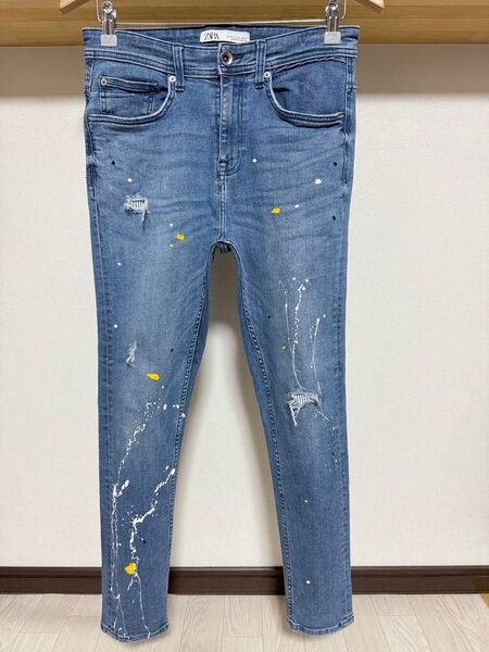 伸縮性抜群 ペイント ZARA MAN ストライプ ストレッチ デニム 38 30 スキニー ダメージ パンツ メンズ ジーンズ