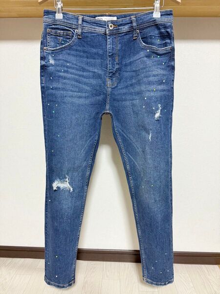 伸縮性抜群 ペイント ZARA MAN ストライプ ストレッチ デニム 42 32 スキニー ダメージ パンツ メンズ ジーンズ