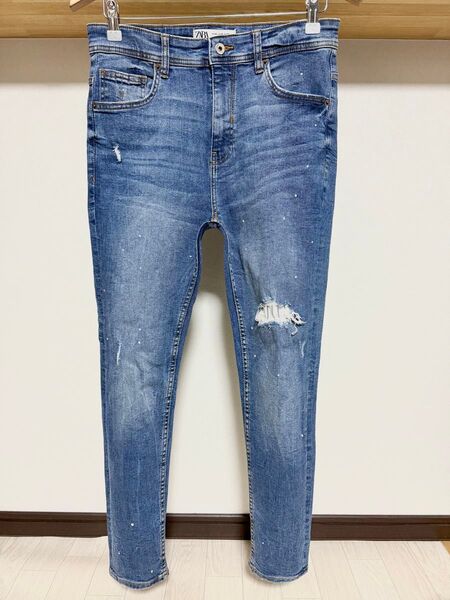 伸縮性抜群 ペイント ZARA MAN ストライプ ストレッチ デニム 42 32 スキニー ダメージ パンツ メンズ ジーンズ