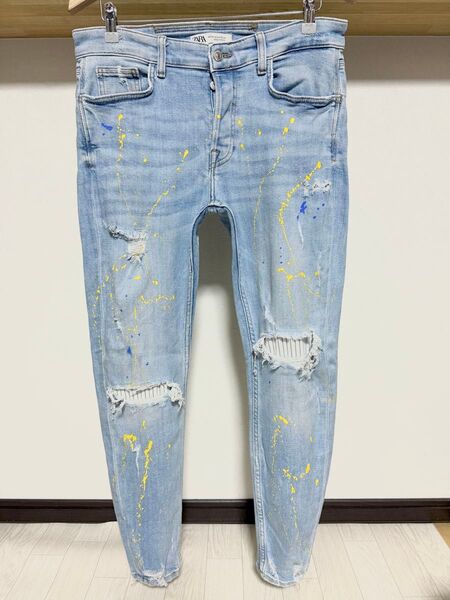 伸縮性抜群 ペイント ZARA MAN ストライプ ストレッチ デニム 44 34 スキニー ダメージ パンツ メンズ ジーンズ