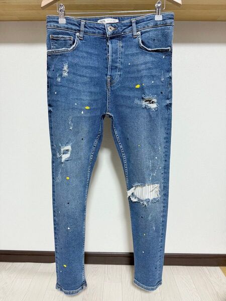 柔らかめ 使いやすい ZARA MAN ストライプ デニム スキニー 42 32 ダメージ パンツ メンズ ジーンズ ネイビー