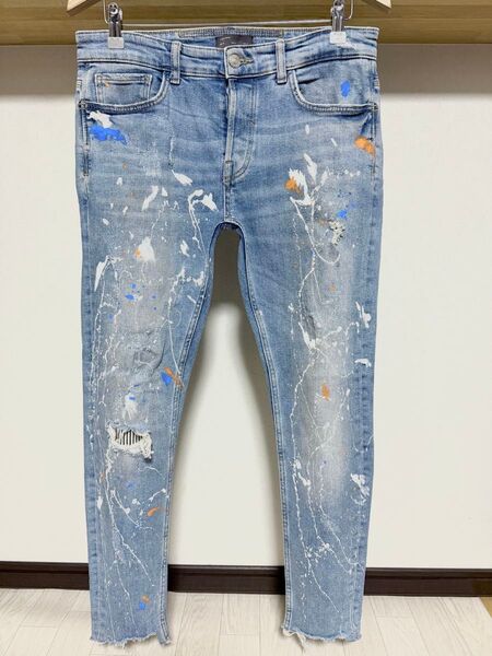 ペイント ZARA MAN ストライプ リペア ダメージ デニム 40 31 カットオフ メンズ ストレッチ ジーンズ パンツ