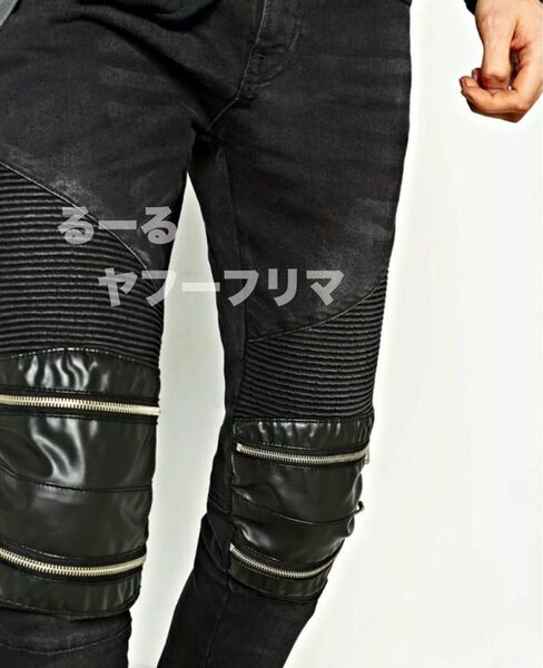 伸縮性強め ZARA MAN レザー バイカー ストレッチ 38 30 スキニー デニム メンズ パンツ ジーンズ 黒