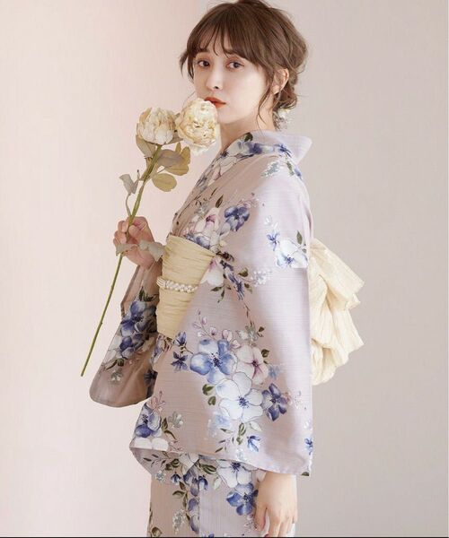 Dita 浴衣 ecru pink flower 2025 浴衣5点セット(ゆかた・帯・下駄・着付けマニュアル・腰ひも)