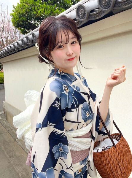 花柄浴衣セット 兵児帯 ピンク モダン ストライプ ネイビー ホワイト 古典花柄