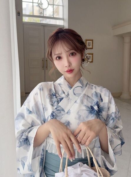 水彩花柄浴衣セット 3点セット 2way ワンピース 兵児帯 ブルー 大人花柄 ショート