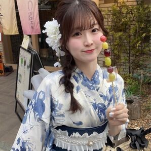 水彩花柄浴衣セット 兵児帯 ブルー ホワイト ネイビー 大人花柄 フェミニン
