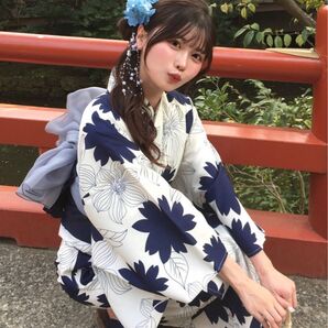 花柄浴衣セット ブルー 紺色 ホワイト 兵児帯 大人花柄 和柄