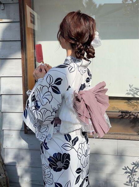 椿浴衣セット 兵児帯 ピンク ネイビー ホワイト 大人花柄 古典花柄 和柄 モダン