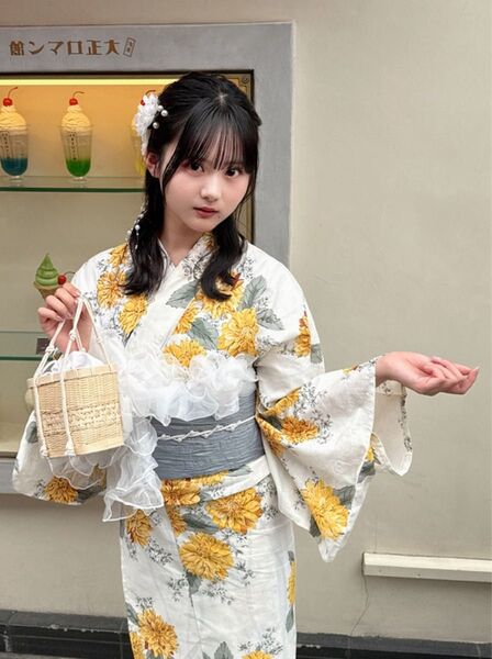 ダリア浴衣セット 兵児帯 グリーン イエロー ひまわり 菊 古典花柄 和柄