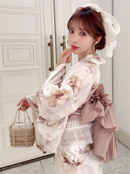 3点セット2Way花柄セパレート浴衣 アイボリー×ピンクベージュ ワンピース 兵児帯 ピンク 大人花柄