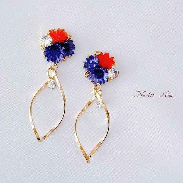 No.412 赤と藍 本物のお花のピアス イヤリング