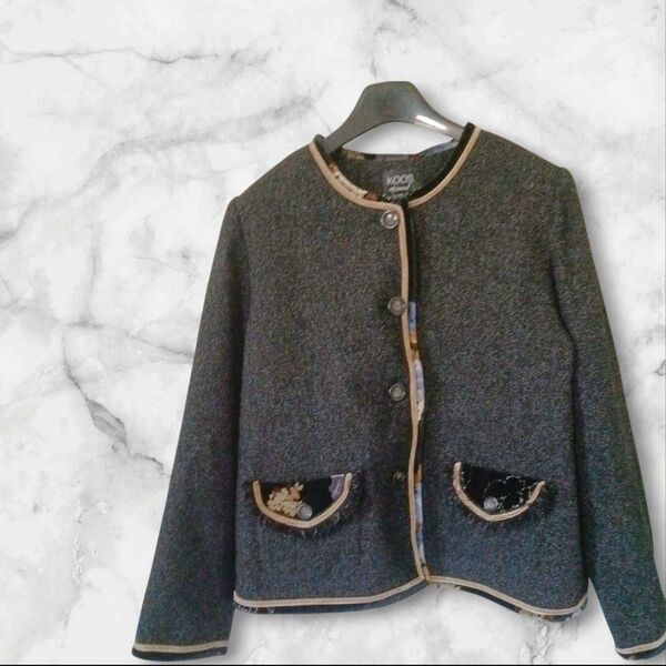 KOOS of course 【L】ノーカラージャケット レディース グレー ジャケット 古着 長袖 海外 アウター