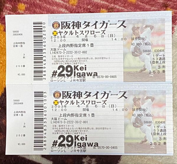 2003年セントラル・リーグ公式戦観戦チケット半券 2枚セット 井川慶投手☆彡.。