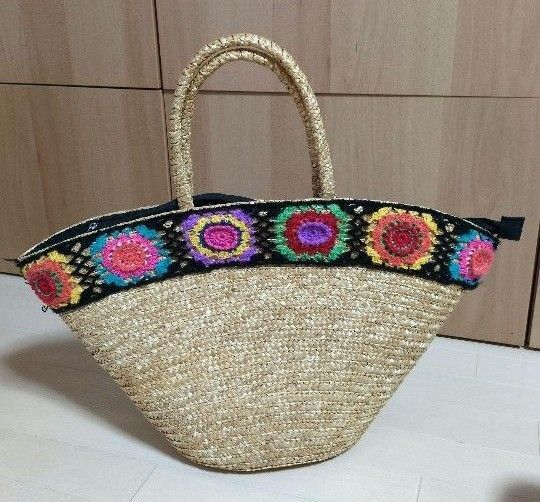 カゴバッグ 編み込みバッグ 夏バッグ 毛糸の花刺繍
