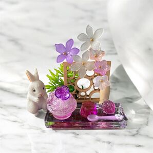 No.857 ミニチュアフラワー 木製花瓶付き両面使える背面台 お花のかき氷 琥珀糖ゼリー うさぎさん セット ハンドメイド