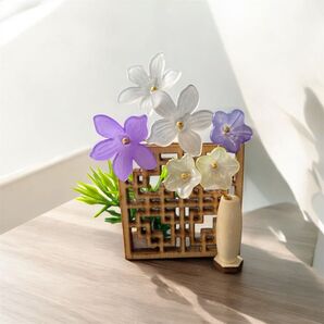 No.858 ミニチュアフラワー ミニチュア木製花瓶 両面使える背面台 和盆栽風 ドール用 推し活 撮影 ハンドメイド