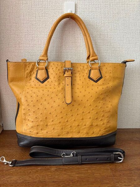 オーストリッチ トートバッグ イエロー キャメル ショルダーバッグ レザー 2way
