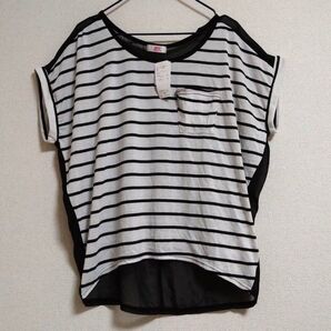 新品 未使用 ボーダーTシャツ ストライプカットソー シースルー 白黒 ポケット付きシャツ ラウンドネック 異素材